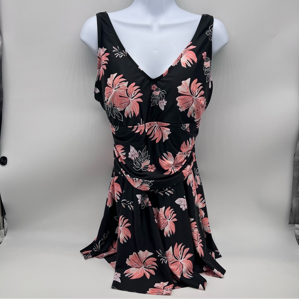 Floral Black and Pink One-Piece Swimsuit w/Attached Skirt-Size XL